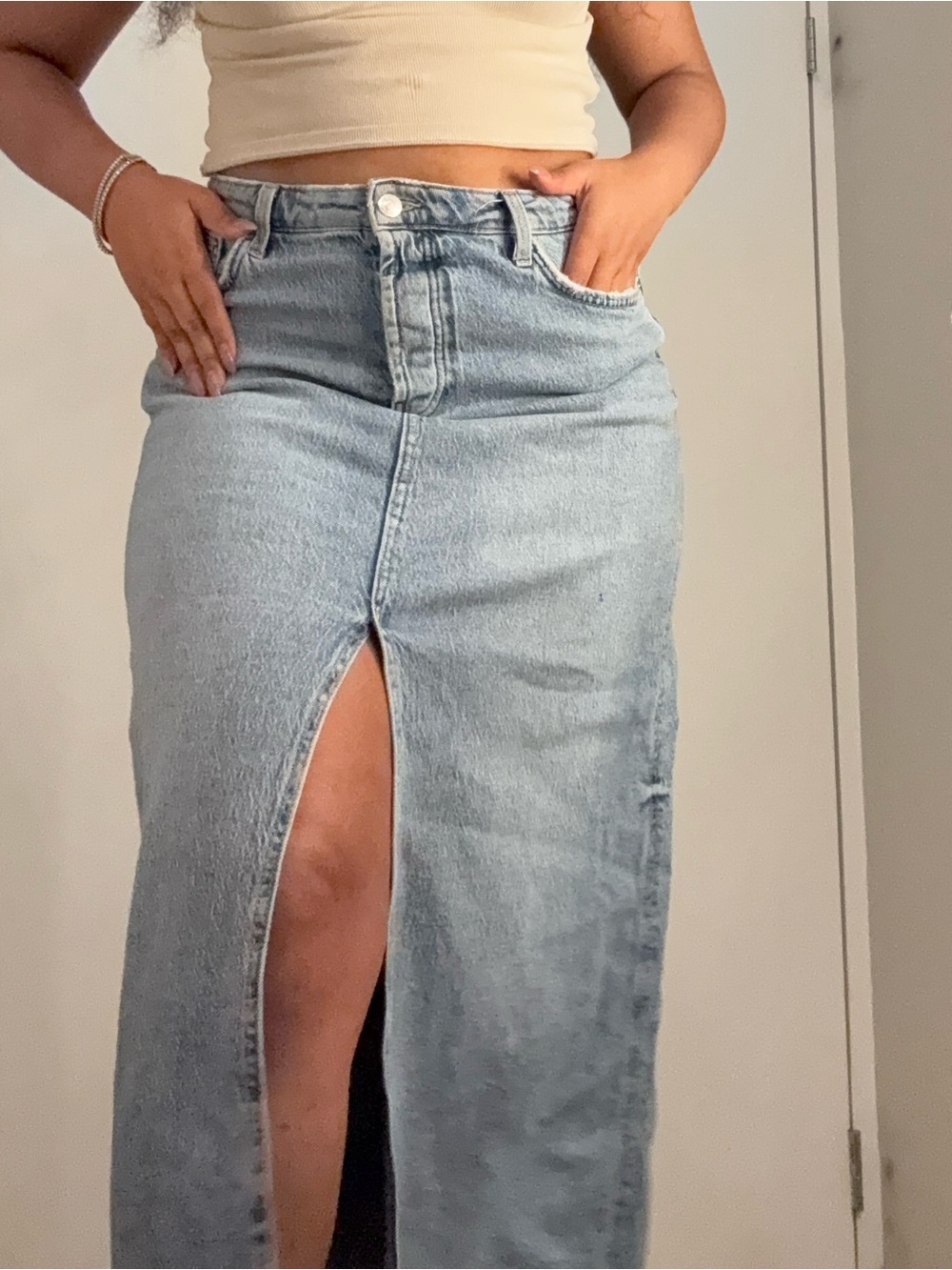 High-Rise Light Wash Denim Maxi Skirt with Front Slit